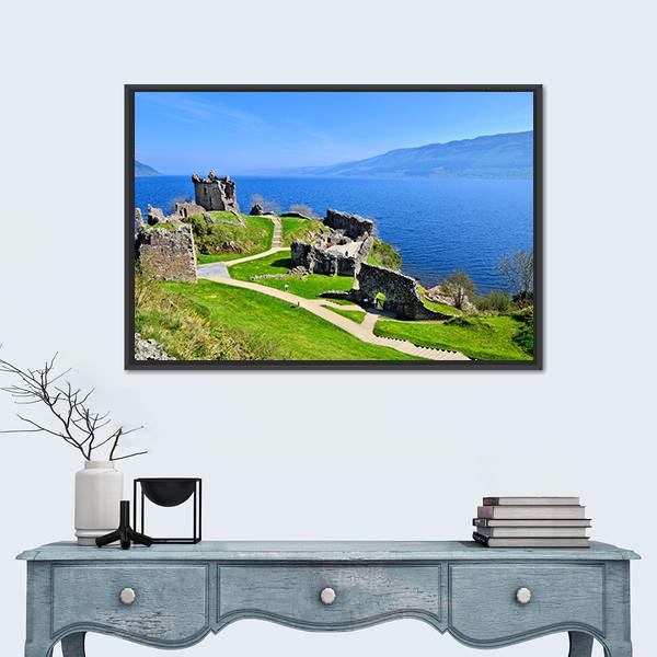 Ruins Of Urquhart Castle Along Loch Ness Canvas Wall Art-1 Piece-Floating Frame-24" x 16"-Tiaracle