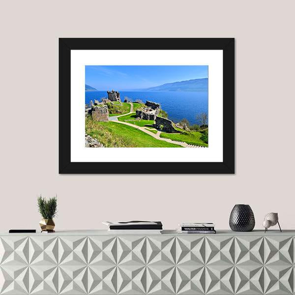 Ruins Of Urquhart Castle Along Loch Ness Canvas Wall Art-1 Piece-Framed Print-20" x 16"-Tiaracle