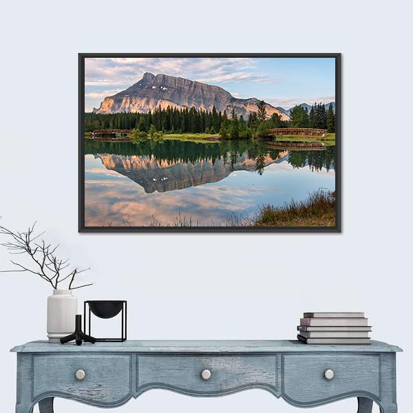 Rundle Mountain Reflected In Pond Canvas Wall Art-1 Piece-Floating Frame-24" x 16"-Tiaracle