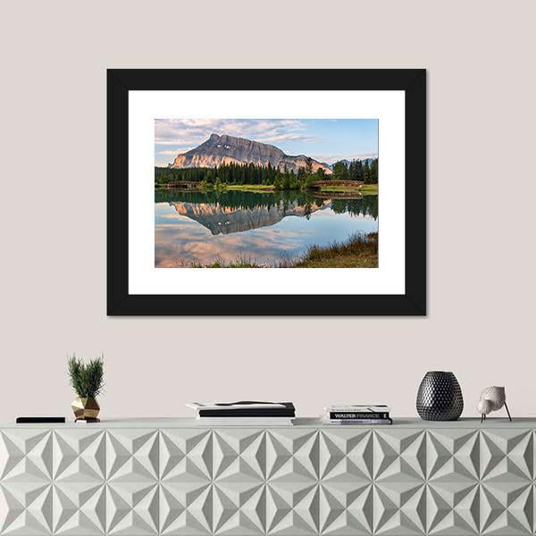 Rundle Mountain Reflected In Pond Canvas Wall Art-1 Piece-Framed Print-20" x 16"-Tiaracle