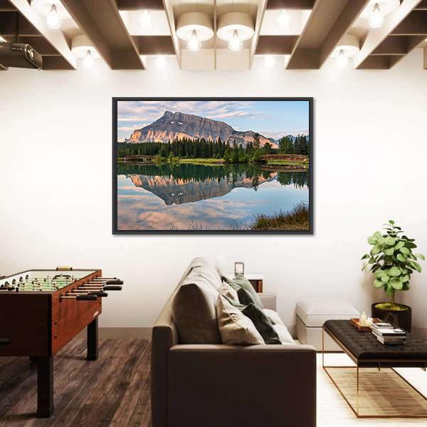 Rundle Mountain Reflected In Pond Canvas Wall Art-3 Horizontal-Gallery Wrap-25" x 16"-Tiaracle