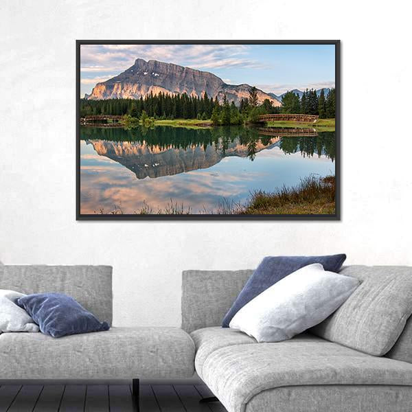 Rundle Mountain Reflected In Pond Canvas Wall Art-3 Horizontal-Gallery Wrap-25" x 16"-Tiaracle