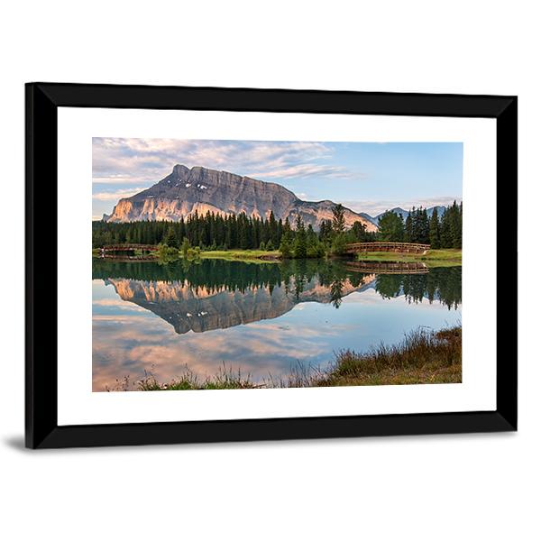 Rundle Mountain Reflected In Pond Canvas Wall Art-3 Horizontal-Gallery Wrap-25" x 16"-Tiaracle