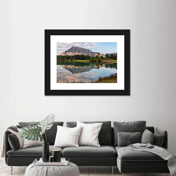 Rundle Mountain Reflected In Pond Canvas Wall Art-3 Horizontal-Gallery Wrap-25" x 16"-Tiaracle