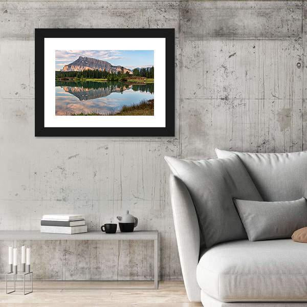 Rundle Mountain Reflected In Pond Canvas Wall Art-3 Horizontal-Gallery Wrap-25" x 16"-Tiaracle