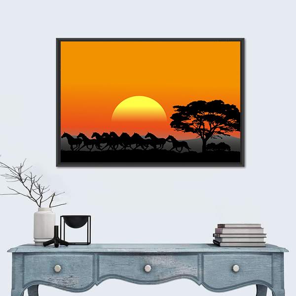 Running Herd At Sunset Canvas Wall Art-1 Piece-Floating Frame-24" x 16"-Tiaracle