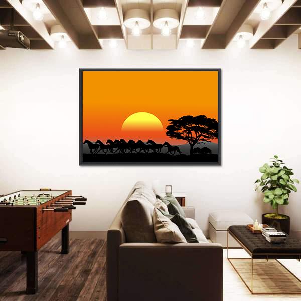 Running Herd At Sunset Canvas Wall Art-3 Horizontal-Gallery Wrap-25" x 16"-Tiaracle