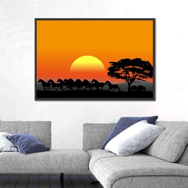 Running Herd At Sunset Canvas Wall Art-3 Horizontal-Gallery Wrap-25" x 16"-Tiaracle