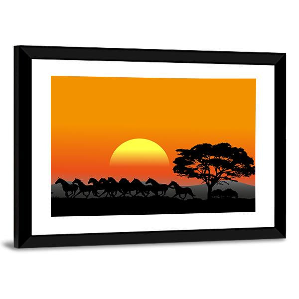 Running Herd At Sunset Canvas Wall Art-3 Horizontal-Gallery Wrap-25" x 16"-Tiaracle