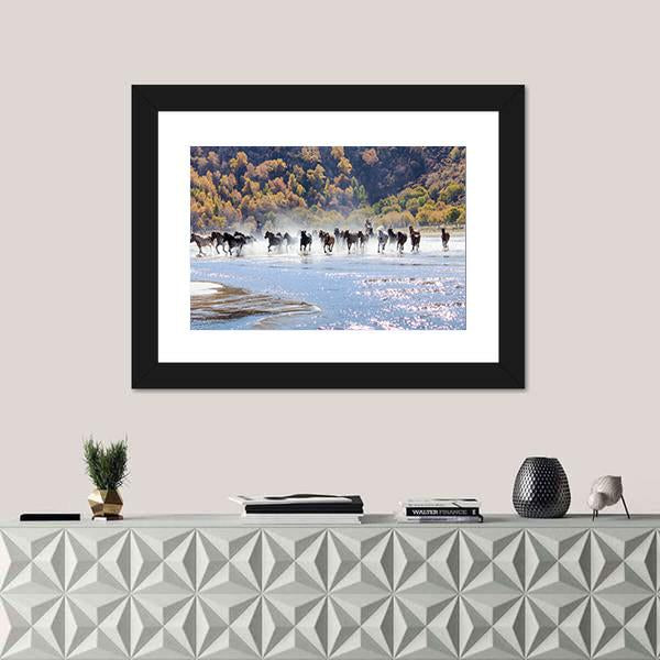 Running Horses In Mongolia Canvas Wall Art-1 Piece-Framed Print-42" x 14"-Tiaracle
