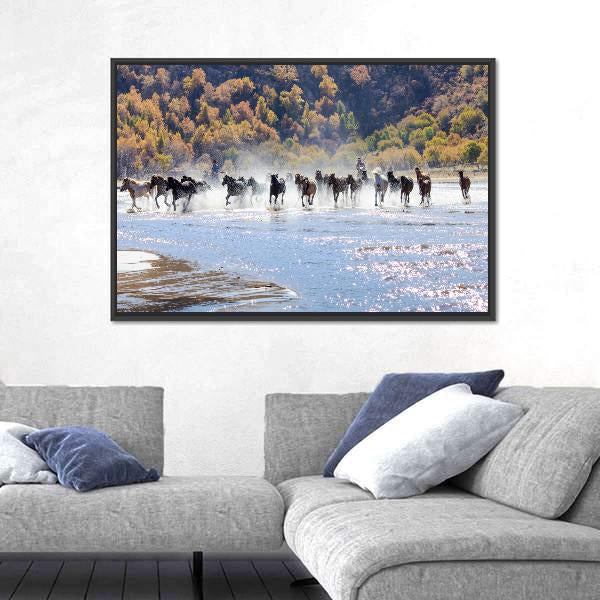 Running Horses In Mongolia Canvas Wall Art-5 Horizontal-Gallery Wrap-22" x 12"-Tiaracle