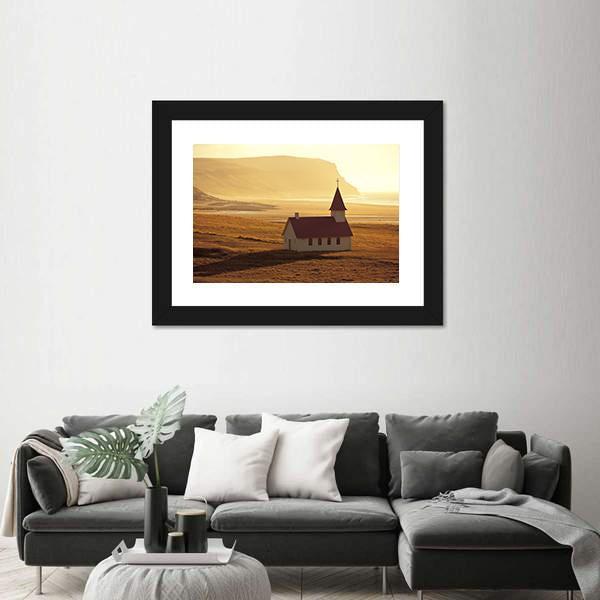 Rural Icelandic Church At Sea Coastline Canvas Wall Art-1 Piece-Framed Print-20" x 16"-Tiaracle