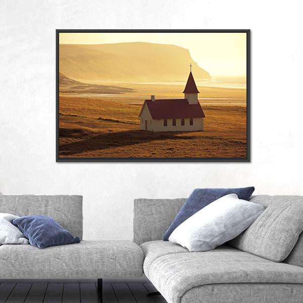 Rural Icelandic Church At Sea Coastline Canvas Wall Art-5 Horizontal-Gallery Wrap-22" x 12"-Tiaracle