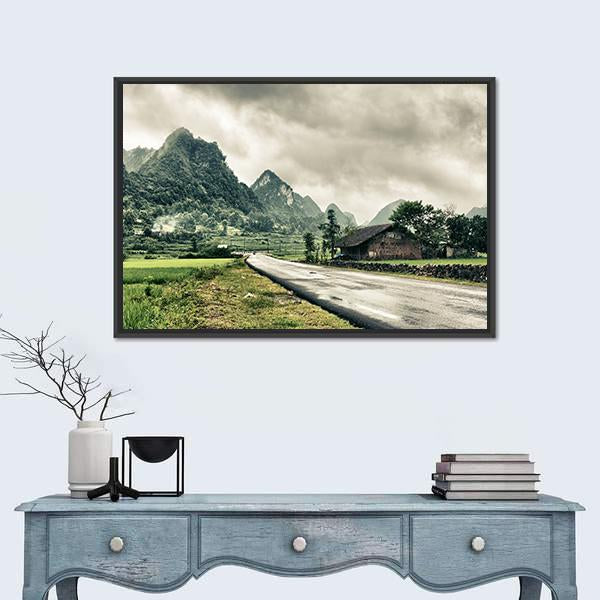 Rural Landscape With Road And Mountains Canvas Wall Art-1 Piece-Floating Frame-24" x 16"-Tiaracle