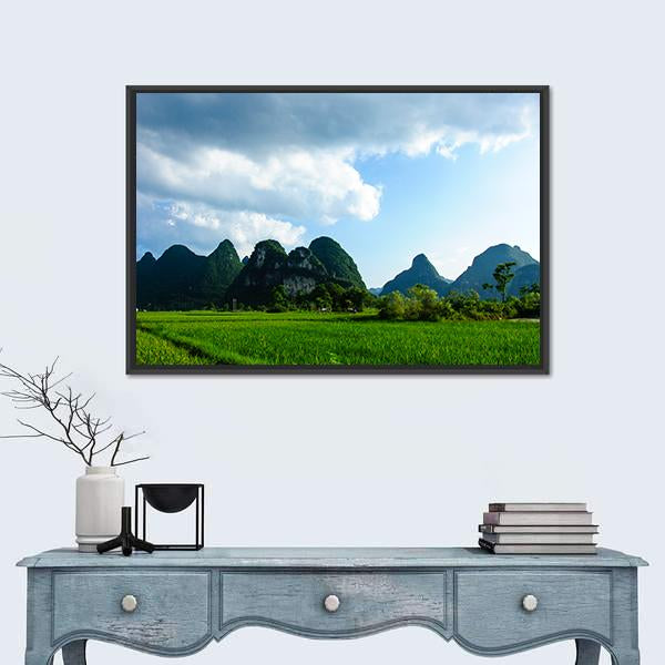 Rural Scenery In Summer With Karst Mountains Canvas Wall Art-1 Piece-Floating Frame-24" x 16"-Tiaracle
