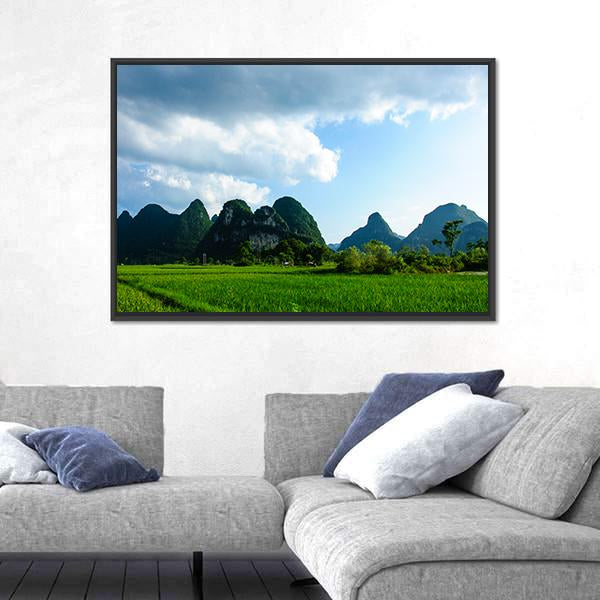 Rural Scenery In Summer With Karst Mountains Canvas Wall Art-3 Horizontal-Gallery Wrap-25" x 16"-Tiaracle