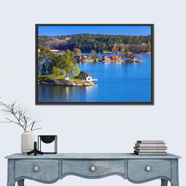 Rural Swedish Landscape With Coastal Villages Canvas Wall Art-1 Piece-Floating Frame-24" x 16"-Tiaracle