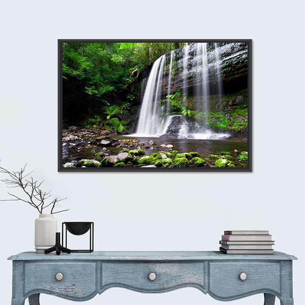 Russell Falls Waterfall in Tasmania Canvas Wall Art in black, white and green, framed canvas, product view on a white background