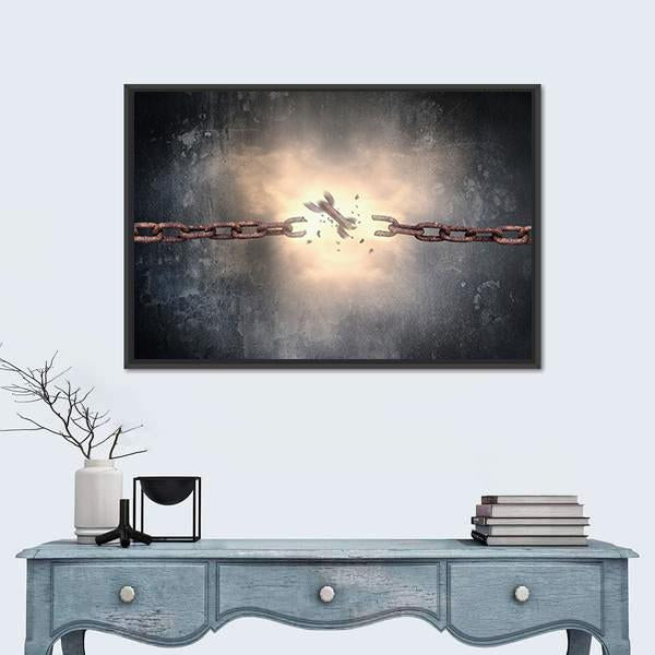 Breaking Rusted Chains Canvas Wall Art in black, gray and brown, framed canvas, product view on a white background