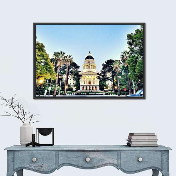 Sacramento State Capitol Building Canvas Wall Art in white, green and blue, framed canvas, product view on a white background