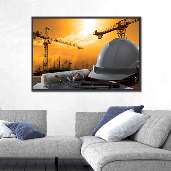Safety Helmet On Table Canvas Wall Art-3 Horizontal-Gallery Wrap-25" x 16"-Tiaracle