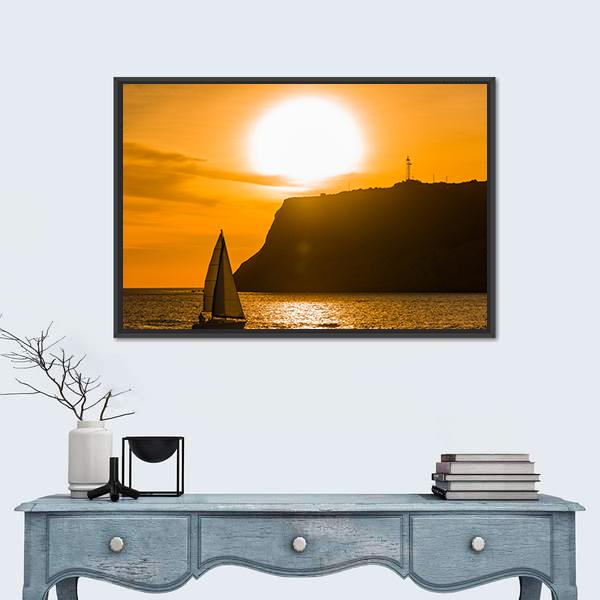 Sailboat At Orange Sunset Canvas Wall Art-1 Piece-Floating Frame-24" x 16"-Tiaracle