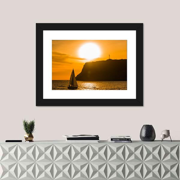 Sailboat At Orange Sunset Canvas Wall Art-1 Piece-Framed Print-20" x 16"-Tiaracle