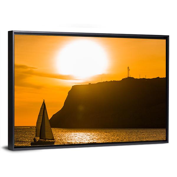Sailboat At Orange Sunset Canvas Wall Art-3 Horizontal-Gallery Wrap-25" x 16"-Tiaracle