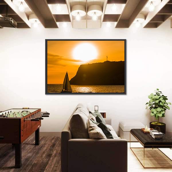 Sailboat At Orange Sunset Canvas Wall Art-3 Horizontal-Gallery Wrap-25" x 16"-Tiaracle