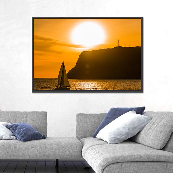 Sailboat At Orange Sunset Canvas Wall Art-3 Horizontal-Gallery Wrap-25" x 16"-Tiaracle