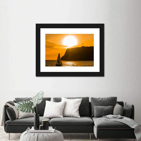 Sailboat At Orange Sunset Canvas Wall Art-3 Horizontal-Gallery Wrap-25" x 16"-Tiaracle