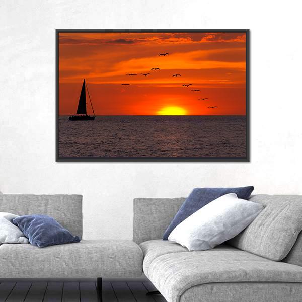 Sailboat At Sunset Canvas Wall Art-3 Horizontal-Gallery Wrap-25" x 16"-Tiaracle