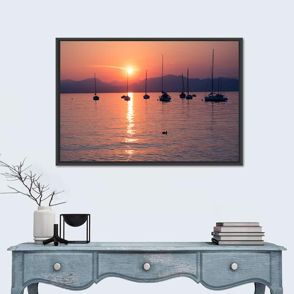Sailboats Moored In Lake Garda Canvas Wall Art-1 Piece-Floating Frame-24" x 16"-Tiaracle