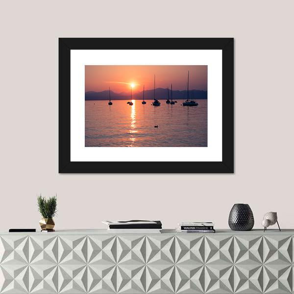 Sailboats Moored In Lake Garda Canvas Wall Art-1 Piece-Framed Print-20" x 16"-Tiaracle
