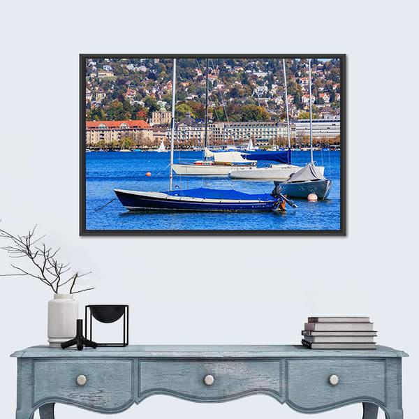 Sailboats On Lake Zurich Canvas Wall Art-1 Piece-Floating Frame-24" x 16"-Tiaracle