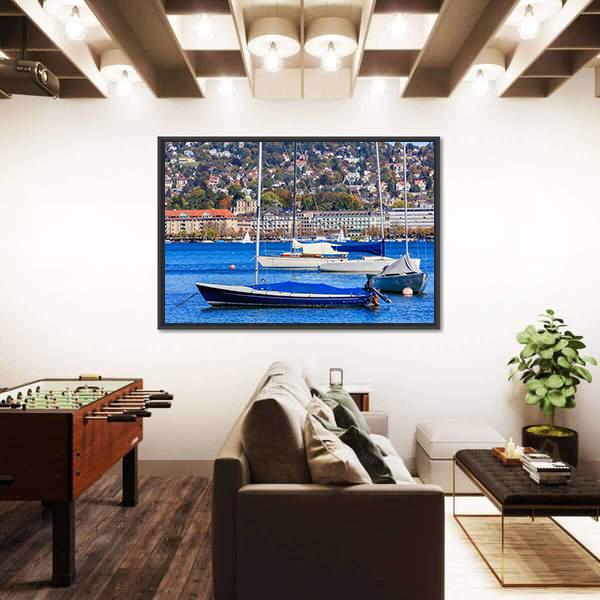 Sailboats On Lake Zurich Canvas Wall Art-3 Horizontal-Gallery Wrap-25" x 16"-Tiaracle