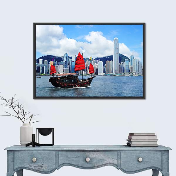 Sailing Boat In Hong Kong Harbour Canvas Wall Art-1 Piece-Floating Frame-24" x 16"-Tiaracle