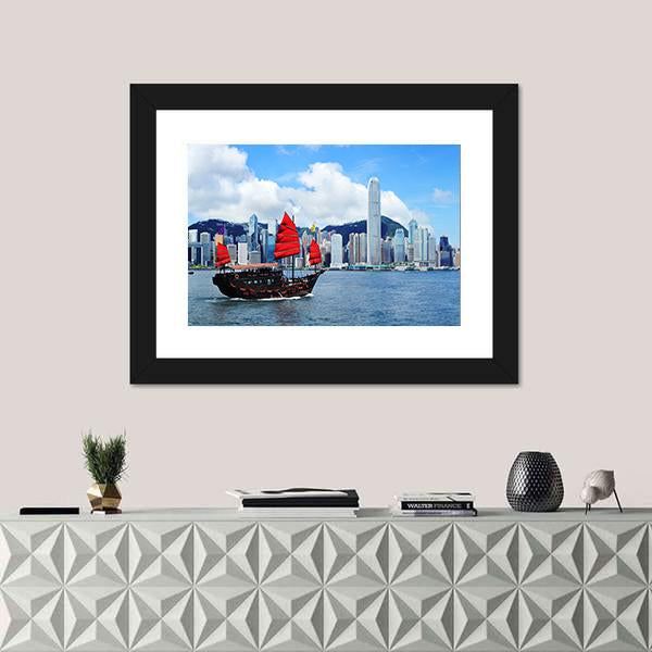 Sailing Boat In Hong Kong Harbour Canvas Wall Art-1 Piece-Framed Print-20" x 16"-Tiaracle