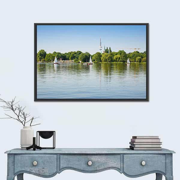 Sailing Boats With People On Alster Lake Canvas Wall Art-1 Piece-Floating Frame-24" x 16"-Tiaracle