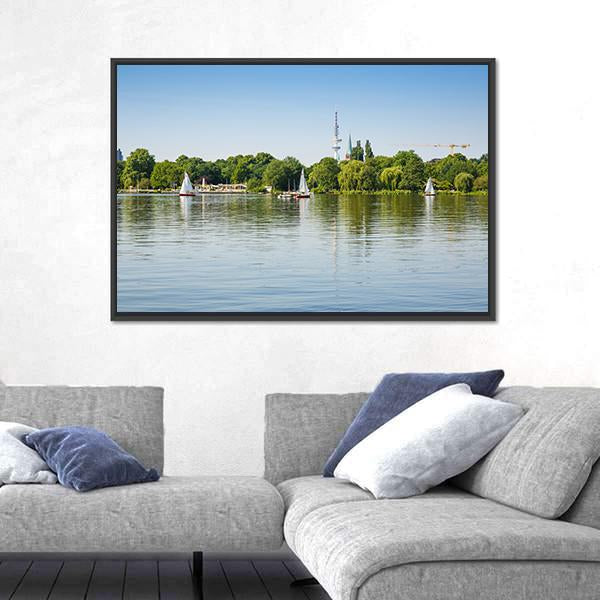 Sailing Boats With People On Alster Lake Canvas Wall Art-3 Horizontal-Gallery Wrap-25" x 16"-Tiaracle