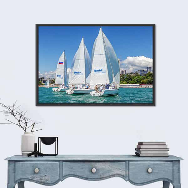 Sailing Regatta On Sochi City Canvas Wall Art-1 Piece-Floating Frame-24" x 16"-Tiaracle