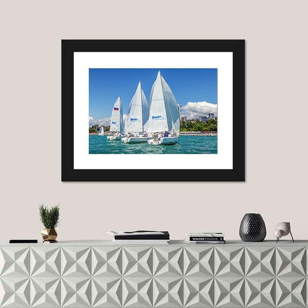 Sailing Regatta On Sochi City Canvas Wall Art-1 Piece-Framed Print-20" x 16"-Tiaracle