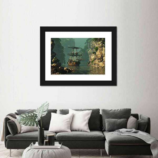 Sailing Ship In Rocks Canvas Wall Art-1 Piece-Framed Print-20" x 16"-Tiaracle