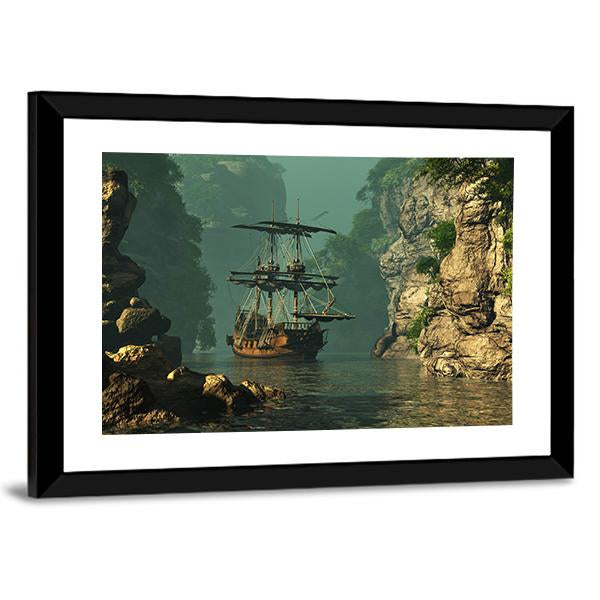 Sailing Ship In Rocks Canvas Wall Art-5 Horizontal-Gallery Wrap-22" x 12"-Tiaracle