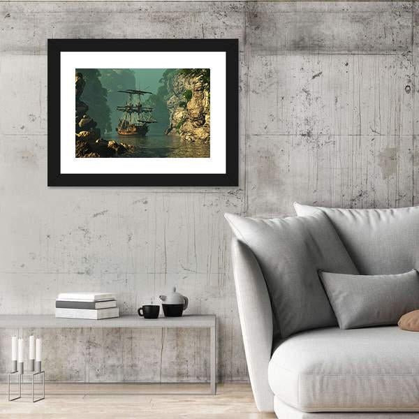 Sailing Ship In Rocks Canvas Wall Art-5 Horizontal-Gallery Wrap-22" x 12"-Tiaracle