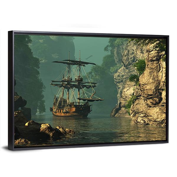 Sailing Ship In Rocks Canvas Wall Art-5 Horizontal-Gallery Wrap-22" x 12"-Tiaracle