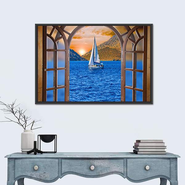 Sailing Ship In The Lake From Window View Canvas Wall Art-1 Piece-Floating Frame-24" x 16"-Tiaracle