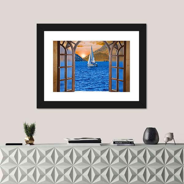 Sailing Ship In The Lake From Window View Canvas Wall Art-1 Piece-Framed Print-20" x 16"-Tiaracle