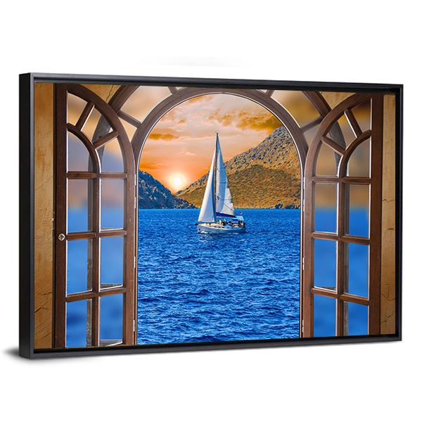 Sailing Ship In The Lake From Window View Canvas Wall Art-3 Horizontal-Gallery Wrap-25" x 16"-Tiaracle