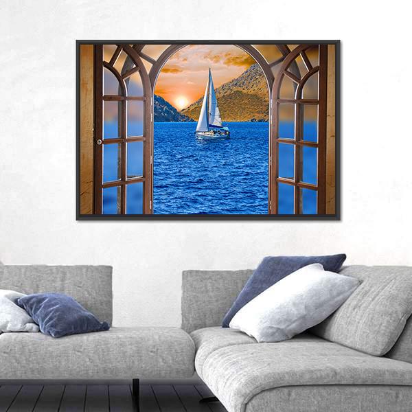 Sailing Ship In The Lake From Window View Canvas Wall Art-3 Horizontal-Gallery Wrap-25" x 16"-Tiaracle